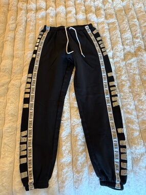 PINK Victoria's Secret Black Joggers with Silver Logo Tape